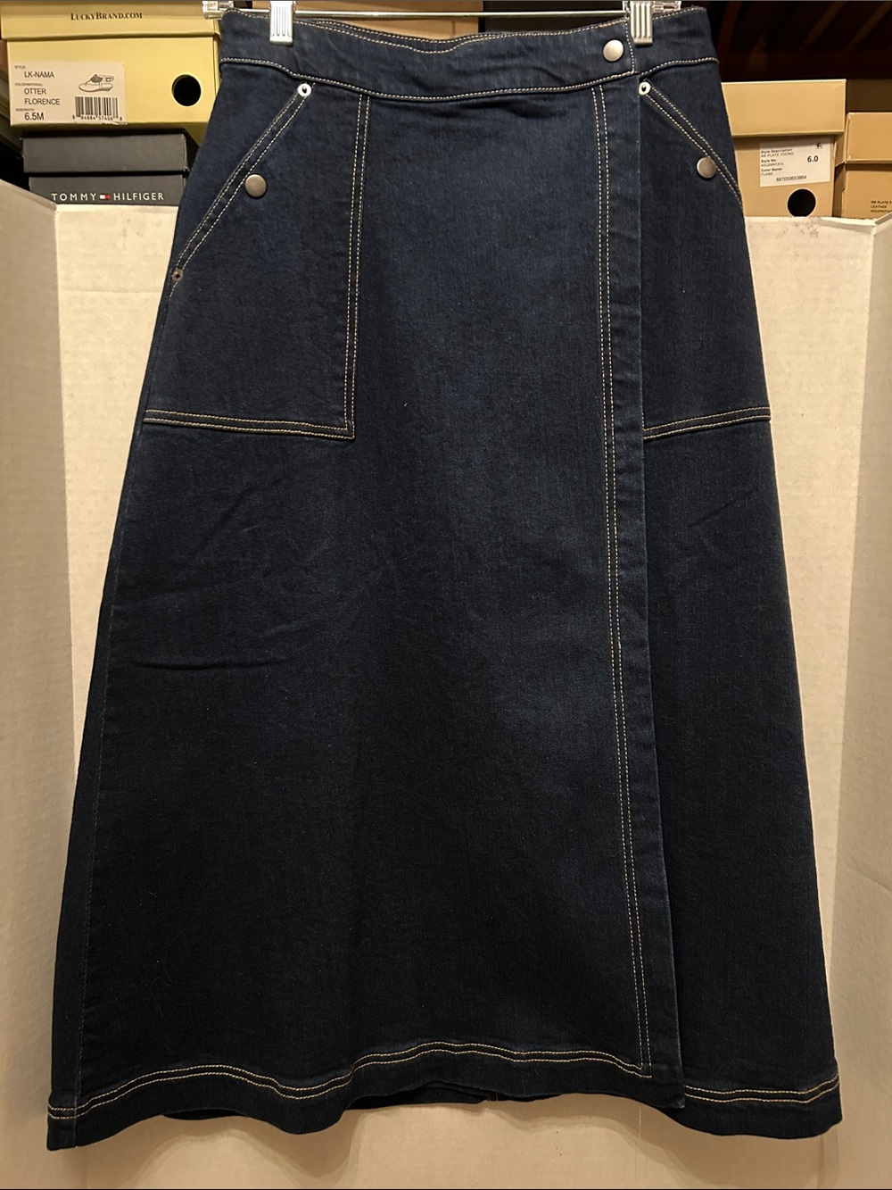 NWT Gibson Latimer Dark Indigo A-Line Wrap Denim Skirt with Contrast Stitching